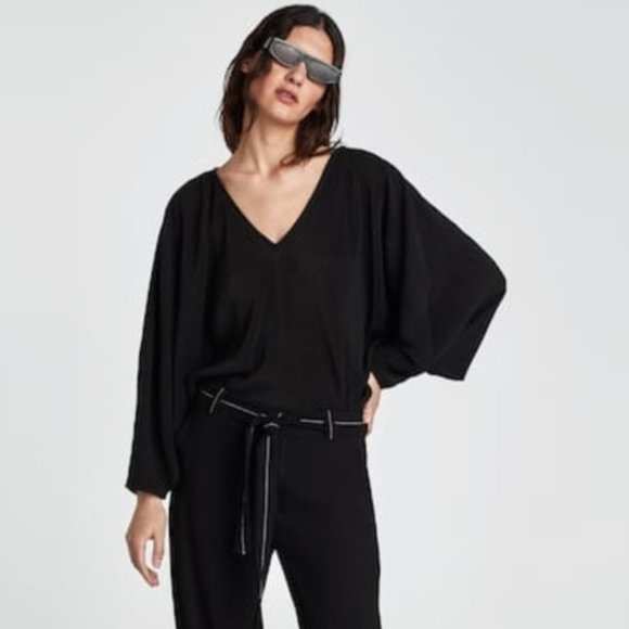 Zara Tops - ZARA Pleated Black Kimono Bodysuit
